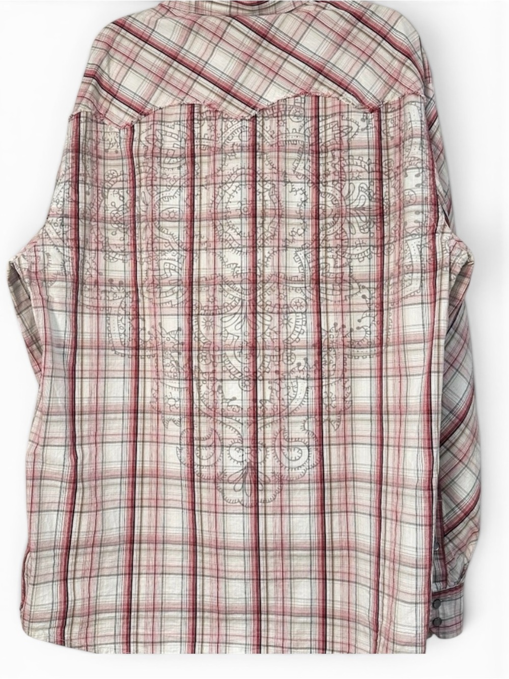Marc Ecko Mens XL Plaid Western Snap Button Shirt Red White Graphic Back Print